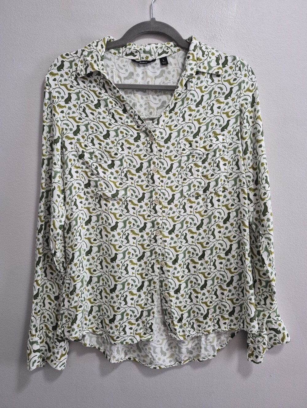 Betabrand Botanical Floral Leaf Dog Print Collared Shirt Size Large